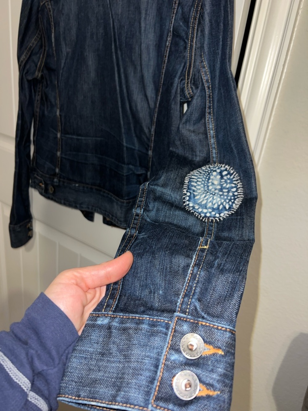 EUC! Lucky Brand Indigo Blue Denim Jacket with Quilt Patch Details Size XL - Picture 9 of 11